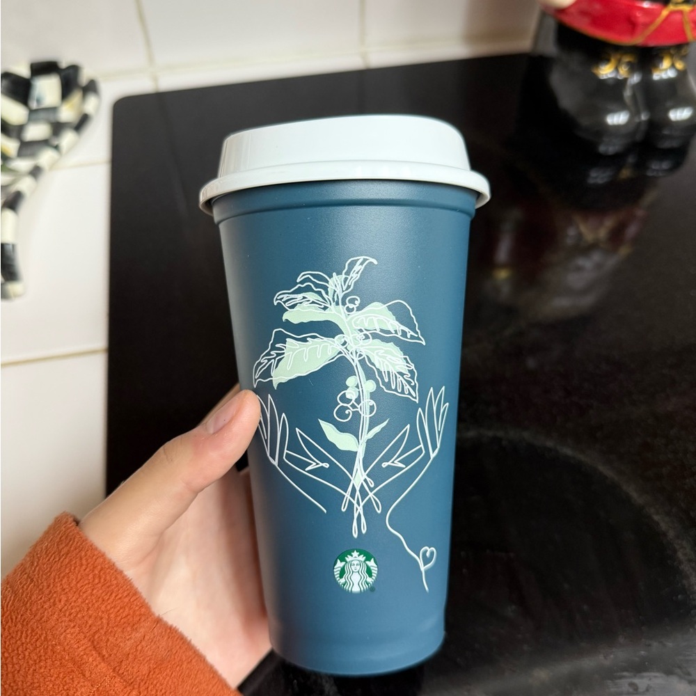 Starbucks Dark Blue Tumbler with White Floral Art